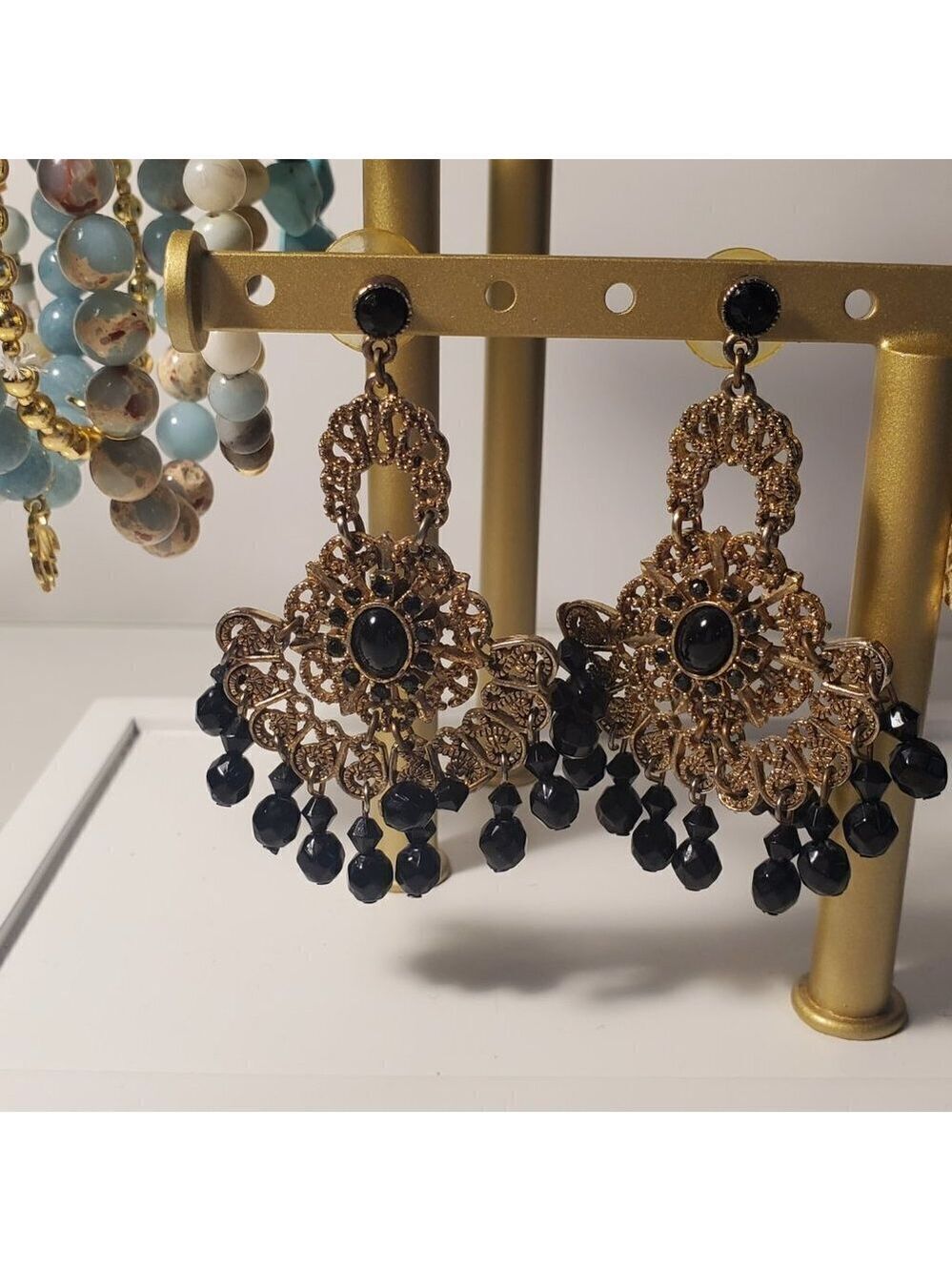 Gold and Black Metal/Bead Dangle Earrings